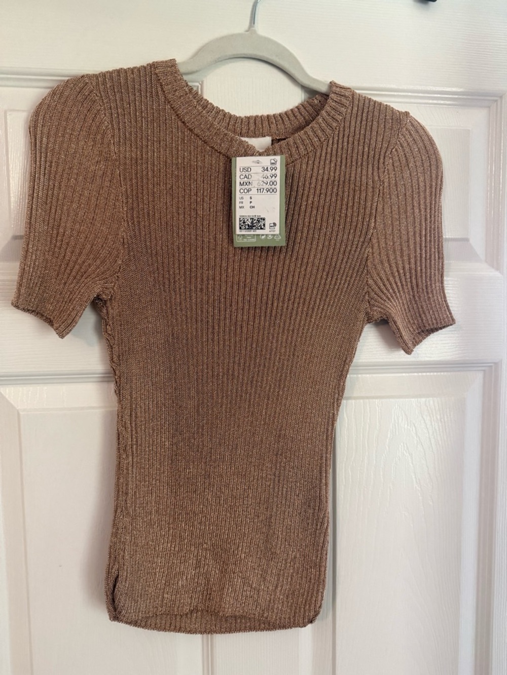 H&M Ribbed Short-Sleeve Top in Light Brown